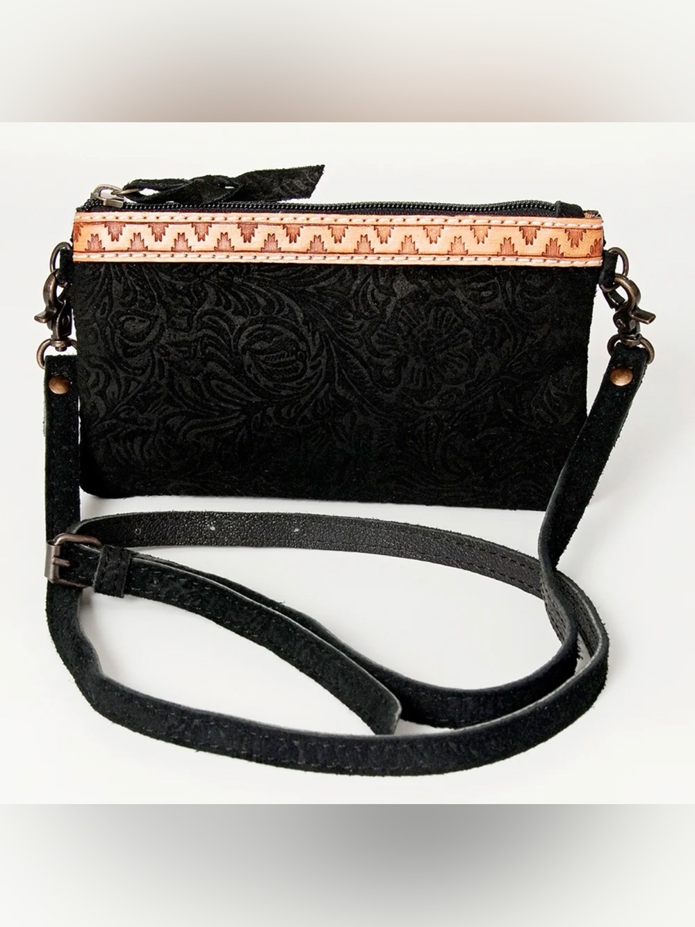 Black Crossbody Bag with Embossed Floral Texture and Tan Trim